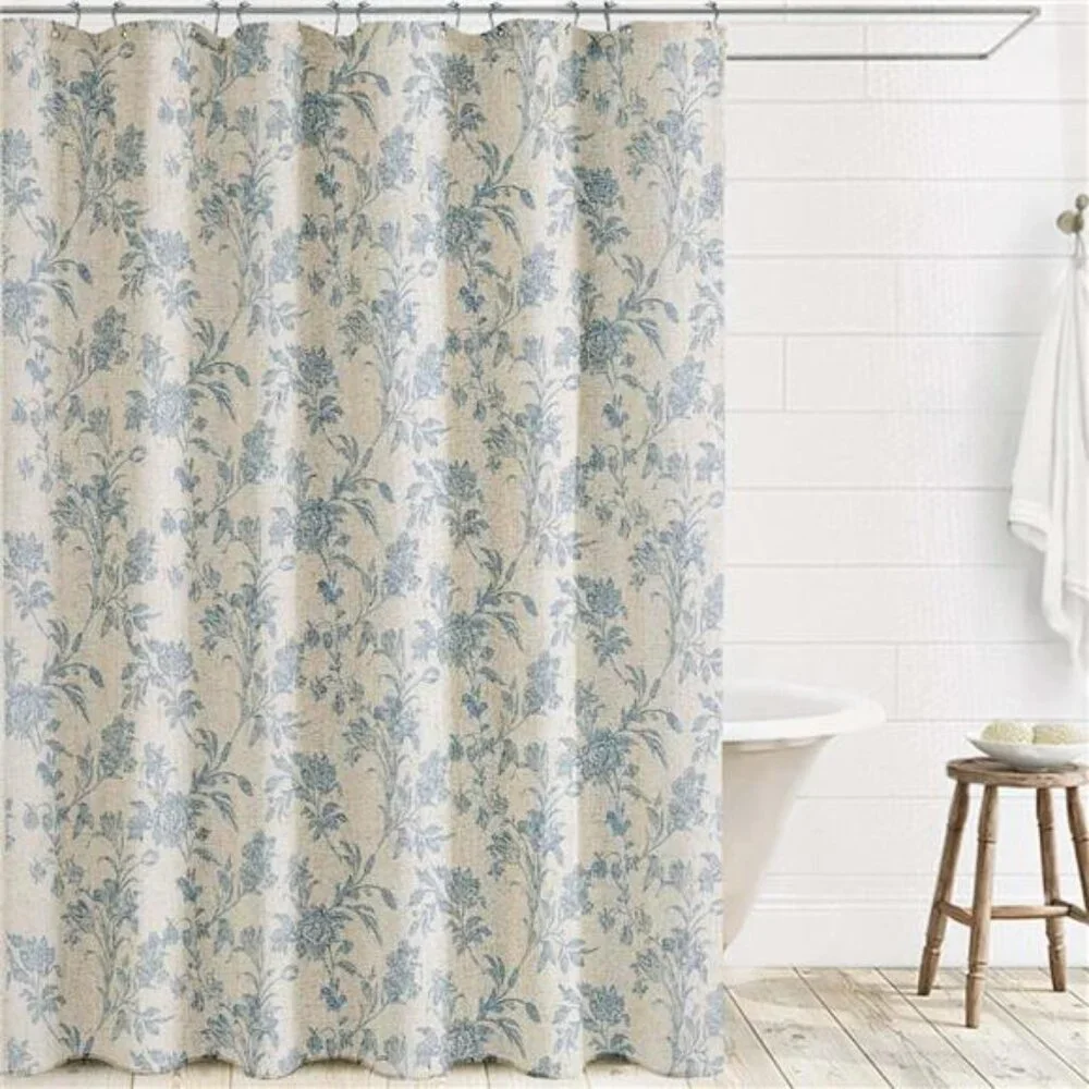 Blue Shower Curtain Floral Cotton Linen Cottagecore Shower Curtain for Bathroom